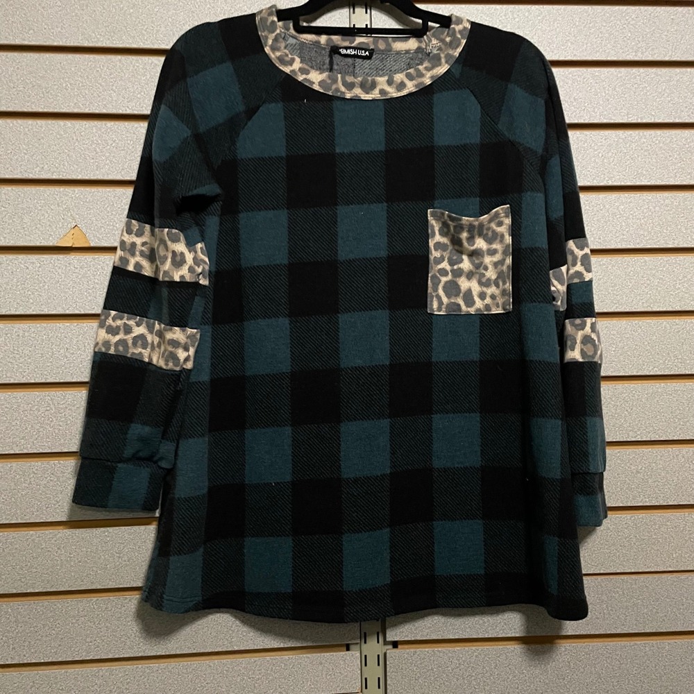 Heimish USA‎ Black & Green Plaid large L Leopard Print Tunic Top - Women's